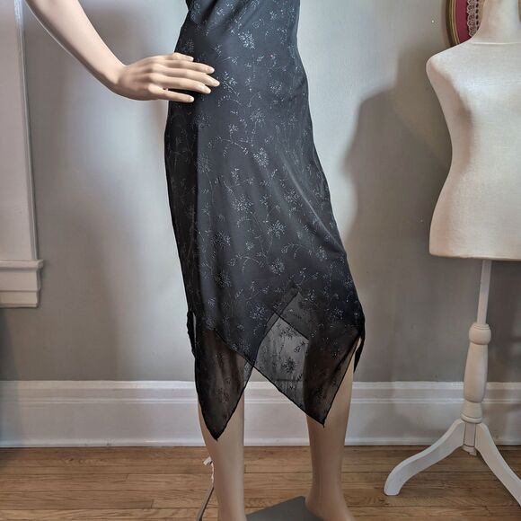 Vintage 90s Byer Too Black Midi Dress Cocktail Floral Glitter Whimsygoth Size S - Picture 6 of 13
